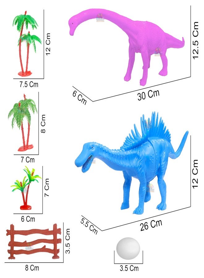 VGRASSP 2 Pcs Big Dinosaur Family Play Toy for Kids - 30 cm Long Wild Animal Toy Figure Playset with Artificial Eggs, Trees and Fences - Birthday Return Gift for Boys and Girls - Multicolor - Image 3